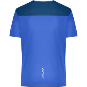 A blue men's running t-shirt with a navy upper panel and a logo on the back.