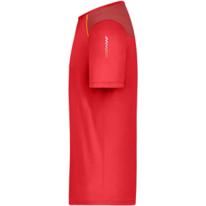 A red men's running T-shirt featuring short sleeves and a logo on the shoulder.