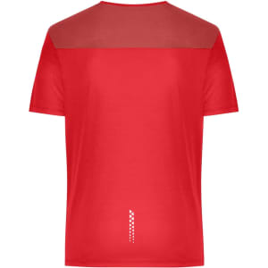 A red men's running T-shirt featuring a mesh upper panel and a logo on the back.