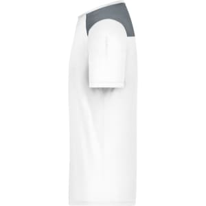 A men's running t-shirt featuring a white body and grey shoulder detail, with a logo on the sleeve.