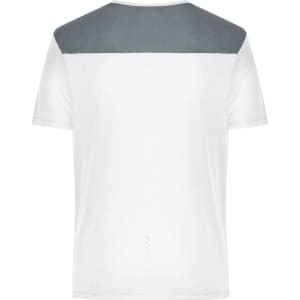 A men's running T-shirt featuring a white body with a grey upper section and a logo.