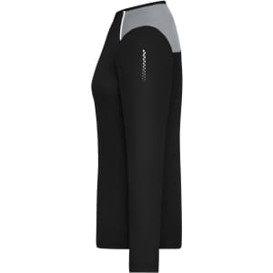 A long sleeve ladies running shirt in black with grey accents and a logo on the sleeve.