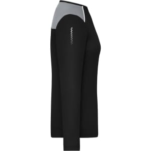 A long-sleeve ladies' running shirt in black with a grey shoulder panel and a logo on the side.
