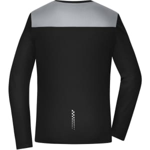 A long-sleeve ladies running shirt in black with a grey upper section and a logo on the back.