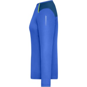 A long-sleeve ladies running shirt in blue with a dark blue and yellow accent, featuring a logo on the sleeve.