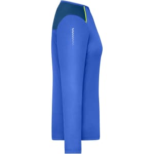 A long-sleeve ladies' running shirt in blue with a contrasting dark blue shoulder and a slight branded detail.