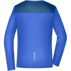 A long-sleeve ladies' running shirt in vibrant blue, featuring a contrasting navy yoke and a logo on the back.