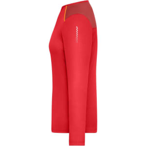 A long-sleeve running shirt in red with a mesh panel and a logo on the sleeve.