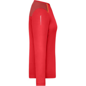 A long-sleeve ladies running shirt in red, featuring a contrasting panel and a logo on the side.