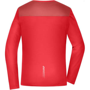 A long-sleeve ladies' running shirt in vibrant red, featuring a mesh back panel and a logo.