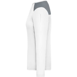 A long-sleeve ladies' running shirt in white with a grey shoulder panel and a logo on the sleeve.