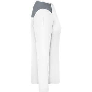 A long-sleeve ladies running shirt in white with a grey accent on the back and a logo.