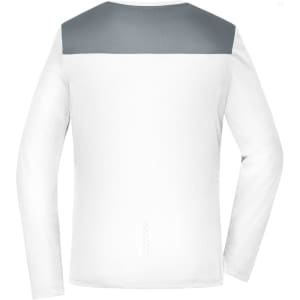 A long-sleeve ladies running shirt in white with a grey back panel and a logo on the upper section.