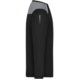 A long-sleeve men's running shirt in black with grey accents, featuring a side pocket and a logo.