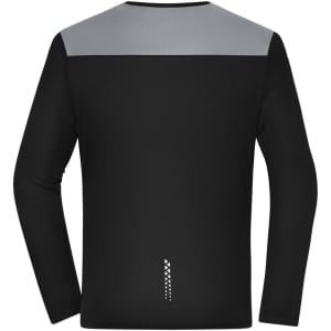 A long-sleeve men's running shirt in black with a grey shoulder design and a small logo at the back.