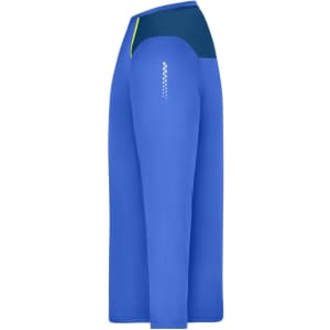 A long-sleeve men's running shirt in blue with a contrasting dark blue and yellow accent on the shoulder. It features a logo.