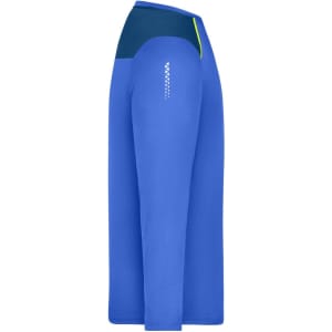 A blue long-sleeve running shirt with a contrasting navy panel and branding detail on the side.