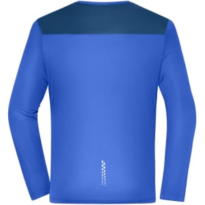 A blue long-sleeve running shirt with a dark blue shoulder panel and a branding logo at the back.