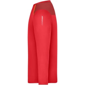 A long-sleeve men's running shirt in vibrant red with a contrasting panel and a small logo on the back.