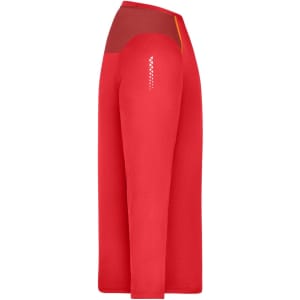 A longsleeve men’s running shirt in vibrant red with contrasting panel details and a logo.