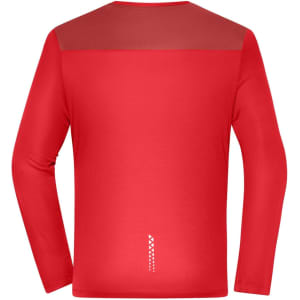 A red long-sleeve men's running shirt with a mesh upper back and a logo on the lower section.