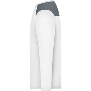 A long-sleeve men's running shirt in white with a grey panel at the back, featuring a logo.