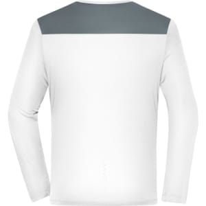 A long-sleeve men's running shirt featuring a predominantly white design with a grey shoulder panel and branding.