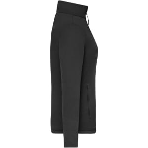 A black ladies sports structured fleece jacket with a collar and side zip pockets, featuring a logo.