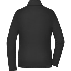 A black ladies' structured fleece jacket featuring a high collar and long sleeves. It has a small logo on the back.
