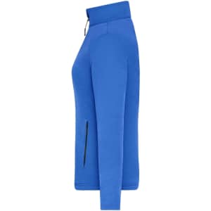 A fitted ladies' polar fleece jacket in bright blue with a zip pocket and a high collar. It features a logo.