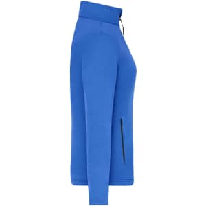A structured fleece jacket in bright blue, featuring a high collar and side zip pockets. It has a logo on the chest.