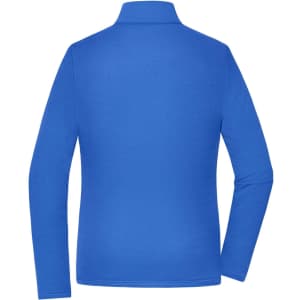 A blue ladies sports structured fleece jacket featuring a high collar and long sleeves, with branding on the back.