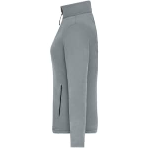 A structured fleece jacket in light grey with a zippered pocket and a high collar, featuring a branding logo.
