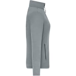 A grey ladies' sports structured fleece jacket with a zippered pocket and a high collar. It features a logo.