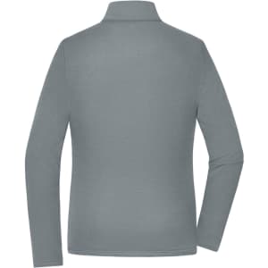 A grey ladies' structured fleece jacket featuring a stand-up collar and long sleeves, with a logo displayed.