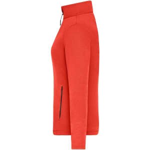 A structured fleece jacket in bright red, featuring a zippered pocket and a high collar. It includes a branding logo.