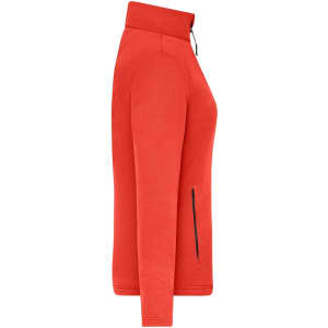 A structured fleece jacket in red featuring a zip pocket and a high collar. It has a logo on the front.