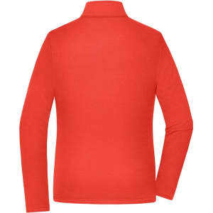 A red ladies sports structured fleece jacket with long sleeves and a high collar, featuring a logo.