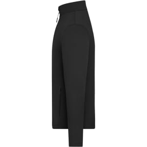 A men's black structured fleece jacket with a zippered front and side pockets, featuring a logo.