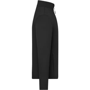 A black men's sports structured fleece jacket features a zippered front and side pockets, with a logo on the fabric.