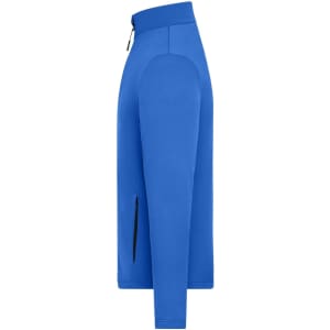 A blue men's sports structured fleece jacket featuring long sleeves and a zip collar, with a side zip pocket.