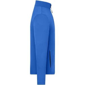 A blue men's sports structured fleece jacket with a zip and side pockets, featuring a logo.