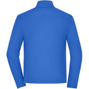 A blue men's sports structured fleece jacket with long sleeves and a high collar, featuring a logo.