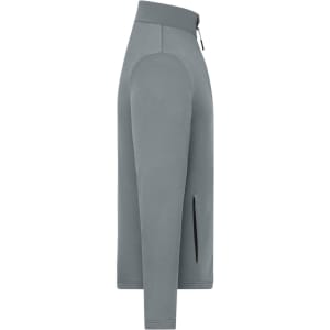 A men's sports structured fleece jacket in grey, featuring a zip and side pockets, with a branding logo.