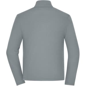 A light grey men's structured fleece jacket featuring a high collar and long sleeves, with a logo present.