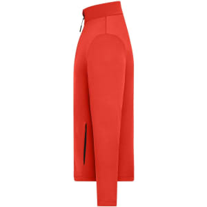 A red men's sports structured fleece jacket with a zippered front and side pockets, featuring a logo.