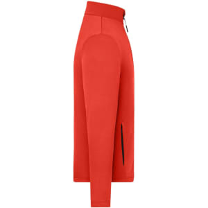 A men's sports structured fleece jacket in bright red, featuring a zippered front and side pockets.