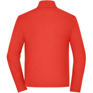 A red men's sports structured fleece jacket with long sleeves and a high collar, featuring a logo on the back.