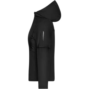 A ladies' running jacket in black with a hood, featuring a sleek design and one logo.
