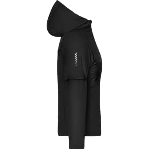 A black ladies running jacket with a hood and reflective detailing on the sleeve, featuring a logo.